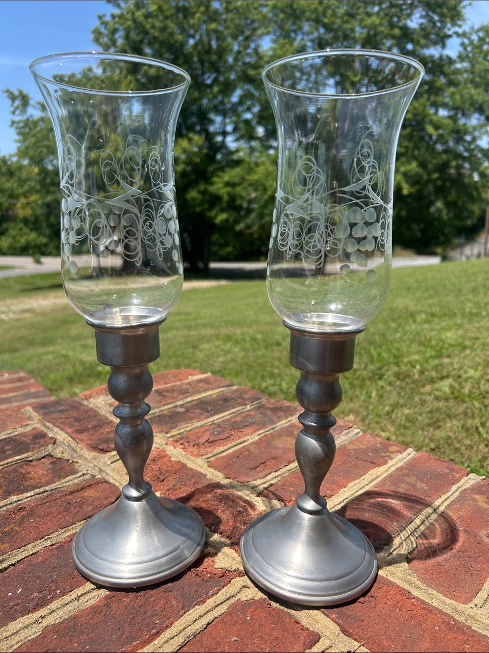 Elegant Clear Glass Etched Hurricane Candle Holders with Pewter Base - Set of 2